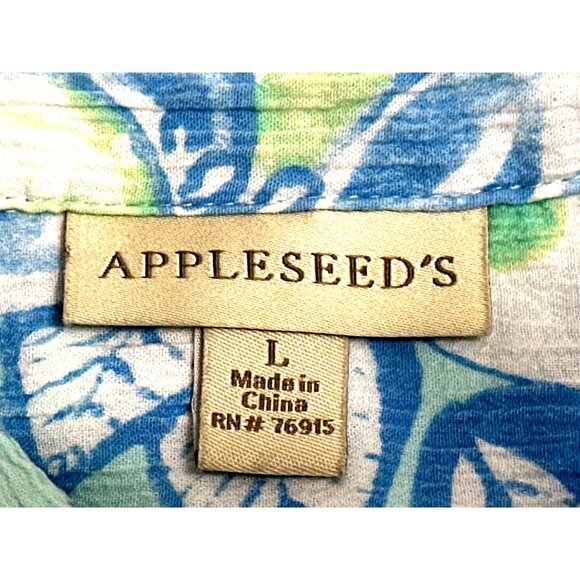Appleseeds Size Large Blue Green Floral Button Shirt Coastal Garden Style Casual - Picture 7 of 10